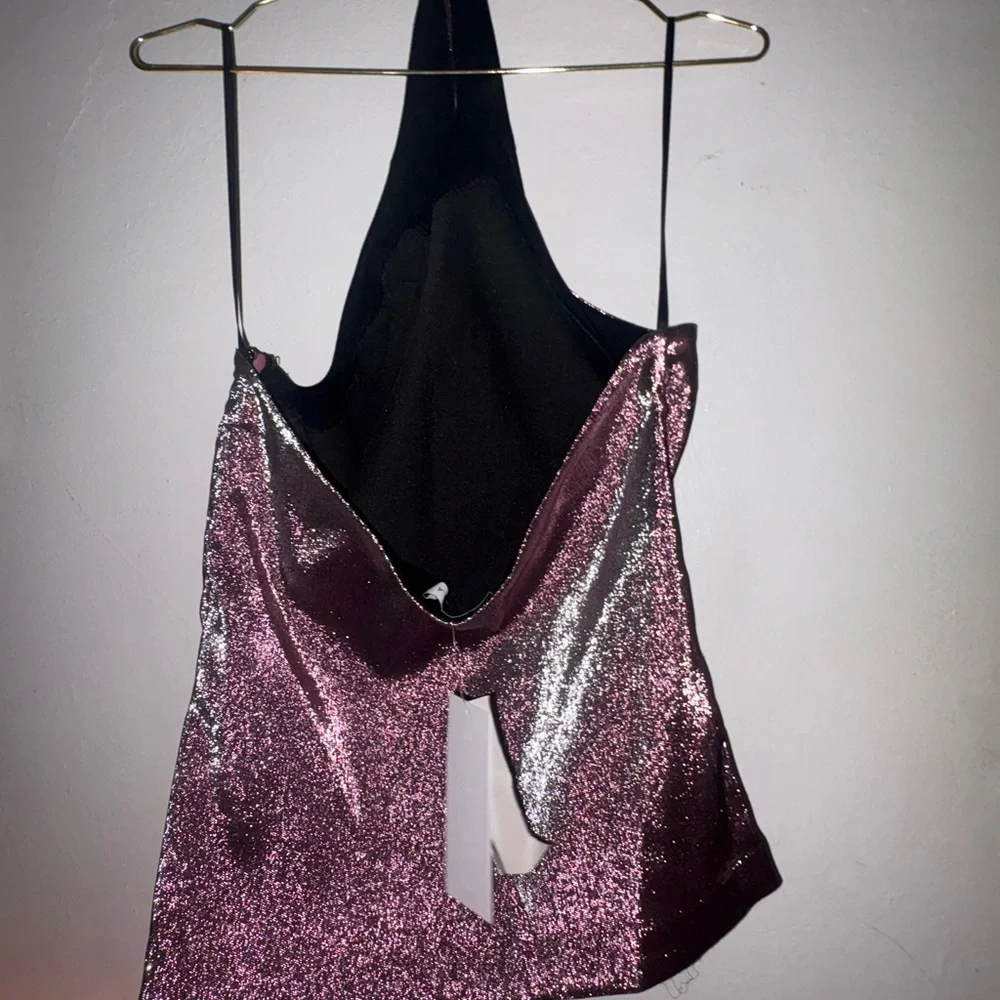 AREA Crystal Embellished Metallic Pink Halter Top ✨ Worn Once